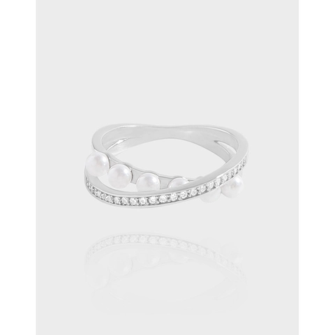 925 Sterling Silver Artificial Pearl Rhinestone Cross Ring For Women Korean INS Style Elegant Geometric Intertwined Open Finger Ring Jewelry