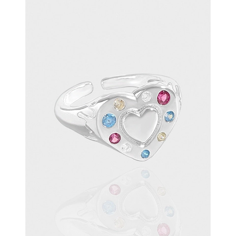 S925 Sterlingsilber Mehrfarbiger Strass Herz Offener Ring Koreanischer Stil Verstellbares Flüssiges Design Damen Schmuck