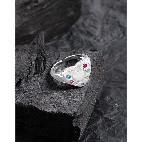 S925 Sterlingsilber Mehrfarbiger Strass Herz Offener Ring Koreanischer Stil Verstellbares Flüssiges Design Damen Schmuck