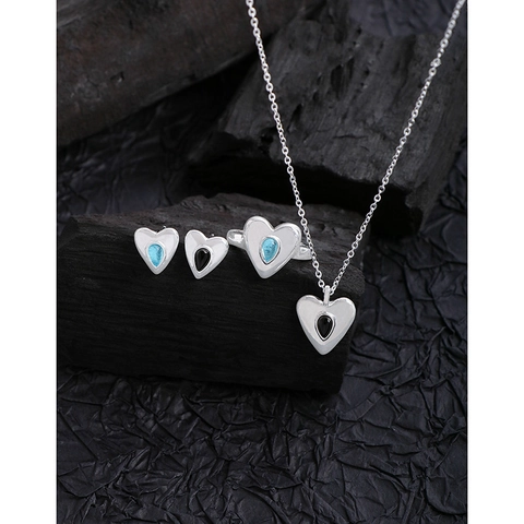 Collana con Ciondolo a Cuore in Argento Sterling S925 per Donna Stile INS di Lusso Leggero Strass Blu Nero Gemme Catena a Clavicola Gioielli