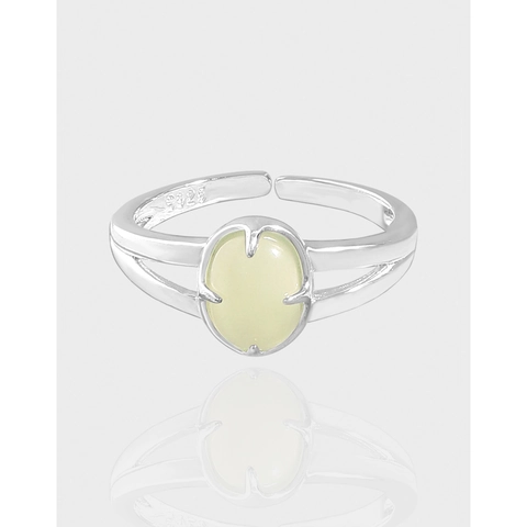 S925 Sterling Silver Green Crystal Open Ring Vintage Oval Prong Inlaid Elegant Adjustable Finger Ring Jewelry For Women