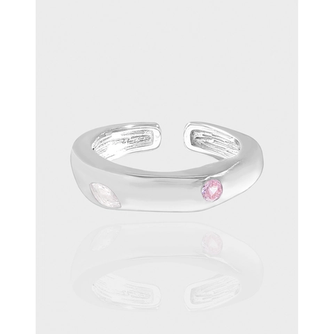 Anillo Abierto de Plata de Ley 925 Circonia Coreano Irregular Geométrico Piedra Rosa Blanca Ajustable Joyería para Mujer