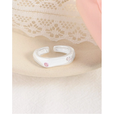 Anillo Abierto de Plata de Ley 925 Circonia Coreano Irregular Geométrico Piedra Rosa Blanca Ajustable Joyería para Mujer