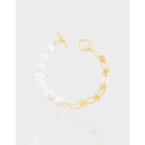 Bracciale in Argento Sterling S925 Con Perle Artificiali Barocche Splicing Per Donna Gioielli Con Catena a Maglie Placcati Oro