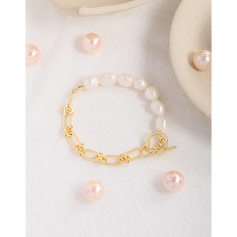 Bracciale in Argento Sterling S925 Con Perle Artificiali Barocche Splicing Per Donna Gioielli Con Catena a Maglie Placcati Oro