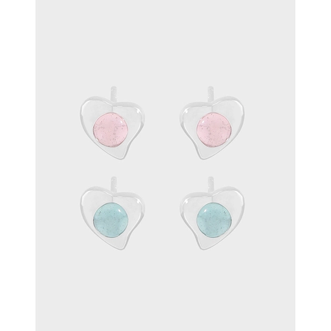 Pendientes de Botón de Corazón Asimétrico de Plata de Ley 925 con Strass Estilo Coreano INS Minimalista Azul Rosa Joyería Mujer