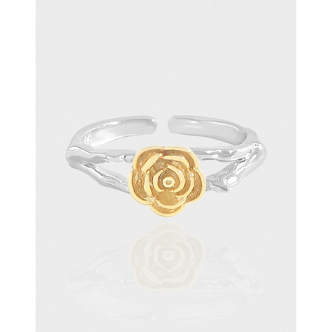 Anillo Abierto de Plata de Ley 925 con Flor de Rosa para Mujer Elegante Bicolor Oro Plata Galvanizado Ajustable Joyería con Textura de Rama