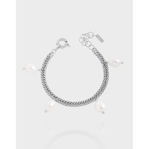Minimalista Bracciale a Catena in Argento Sterling 925 Con Perla Artificiale Barocca per Donna Stile Coreano Placcato Platino
