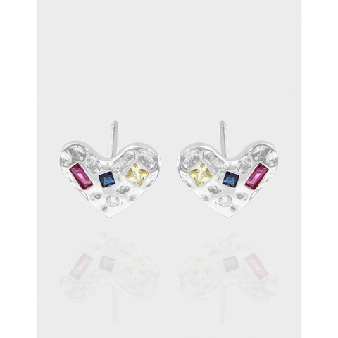 S925 Sterling Zilveren Hart Oorknopjes Kleurrijke Zirkonia Geplooide Textuur Niche Design Mode Sieraden