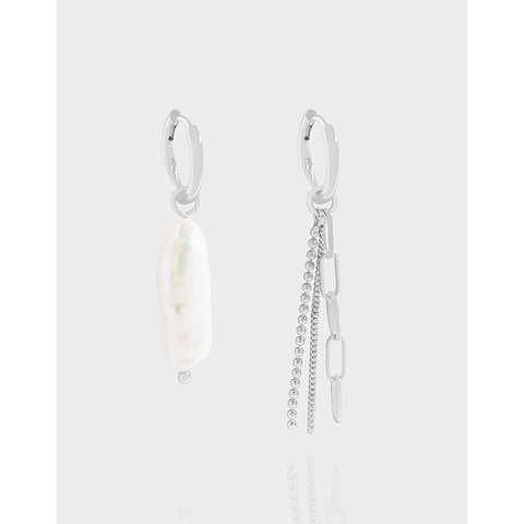 Pendientes de Cadena de Borlas Asimétricos de Plata de Ley 925 para Mujer con Perla Barroca de Agua Dulce Chapado en Oro Blanco