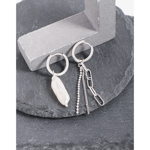 Pendientes de Cadena de Borlas Asimétricos de Plata de Ley 925 para Mujer con Perla Barroca de Agua Dulce Chapado en Oro Blanco