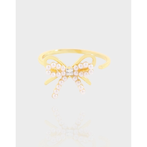 Anello Aperto in Argento Sterling 925 con Fiocco Placcato Oro Perle Artificiali Strass Anello Regolabile per Donna Gioielli Eleganti