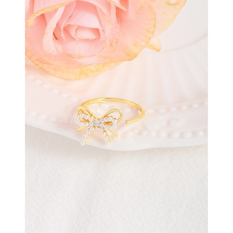 Anillo Abierto de Plata de Ley 925 con Lazo Chapado en Oro Perlas Artificiales Strass Anillo Ajustable para Mujer Joyería Elegante