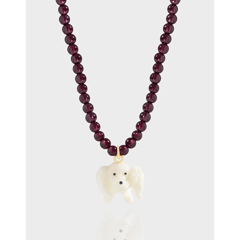 925 Sterling Silver Garnet Beaded Puppy Necklace For Women 18K Gold Plated Natural Pearl Dog Pendant Clavicle Chain Jewelry