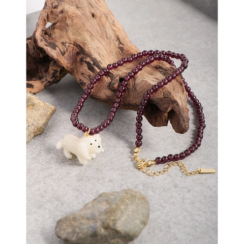 925 Sterling Silver Garnet Beaded Puppy Necklace For Women 18K Gold Plated Natural Pearl Dog Pendant Clavicle Chain Jewelry