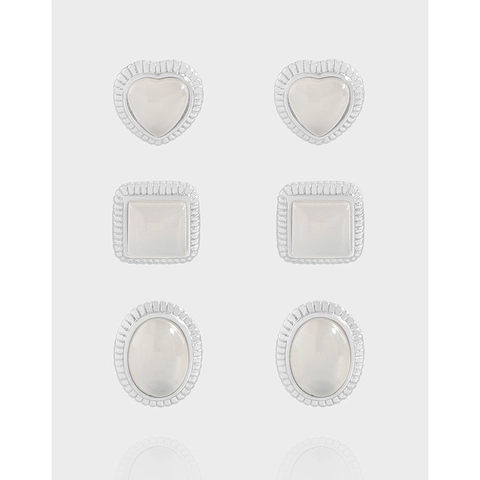 925 Sterling Silver Agate Stud Earrings For Women Vintage Minimalist Geometric Heart Square Oval Earrings Ear Jewelry Gift