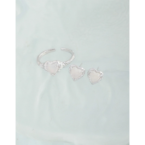 S925 Sterling Silver Heart Agate Ring For Women Irregular Pleated Texture Adjustable Open Ring Korean Style Jewelry Gift