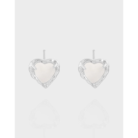 S925 Sterling Silver Liquid Metal Heart Agate Stud Earrings Irregular Molten Texture Minimalist Elegant Ear Jewelry For Women