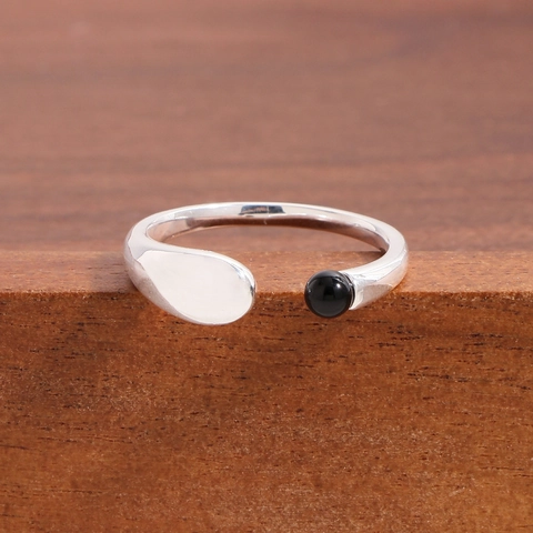 925 Sterling Zilver Zwarte Agaat Open Ring Voor Dames Minimalistische Geometrische U-Vorm Verstelbare Ins Stijl Vingerring Sieraden