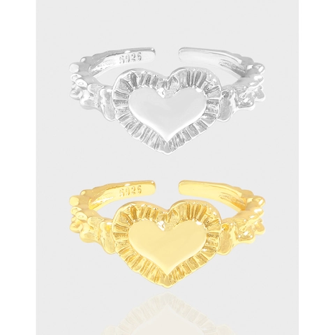 Anillo Abierto de Corazón de Plata de Ley S925 Para Mujer Textura Arrugada Vintage Anillo Ajustable Joyería de Moda