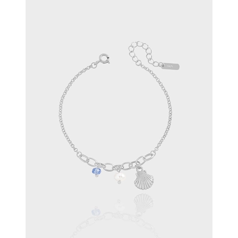 Elegante Pulsera con Colgante de Plata de Ley S925 con Perla Natural y Concha Tema Océano Color Oro Blanco Joyería Mujer