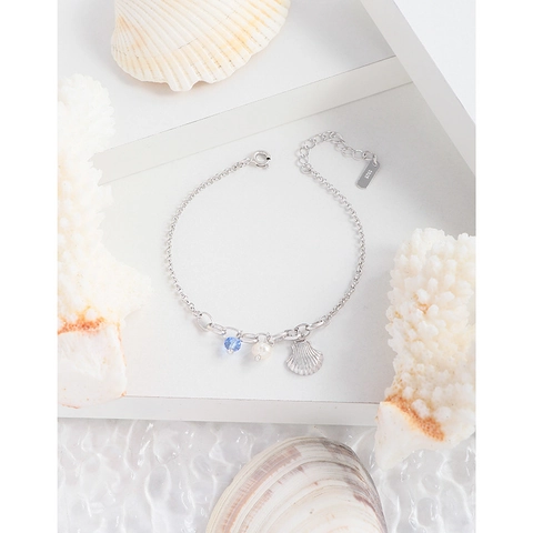 Elegante Pulsera con Colgante de Plata de Ley S925 con Perla Natural y Concha Tema Océano Color Oro Blanco Joyería Mujer