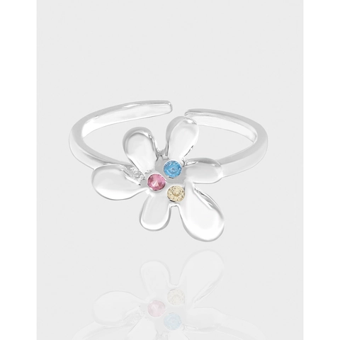 Korean INS Style S925 Sterling Silver Flower Petal Open Ring With Colorful Zirconia Minimalist Adjustable Ring For Women