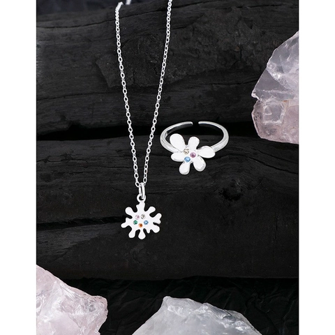 Korean INS Style S925 Sterling Silver Flower Petal Open Ring With Colorful Zirconia Minimalist Adjustable Ring For Women