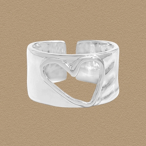 S925 Argento Sterling Irregolare Cuore Traforato Anello Aperto per Donna Minimalista Regolabile Fascia Larga Texture Martellata Anello Dito