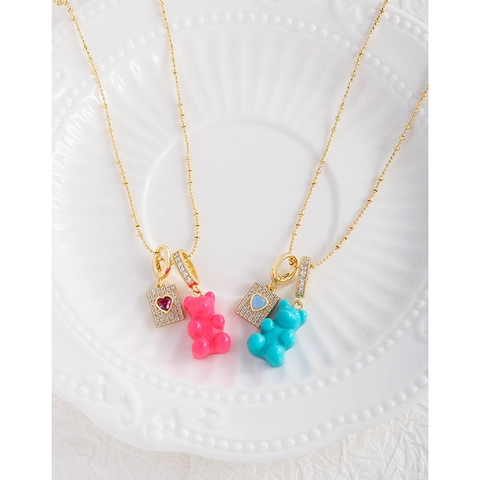 925 Sterling Silver Gummy Bear Heart Pendant Necklace For Women Gold Plated Zirconia Resin Charms Dainty Choker Jewelry Gift