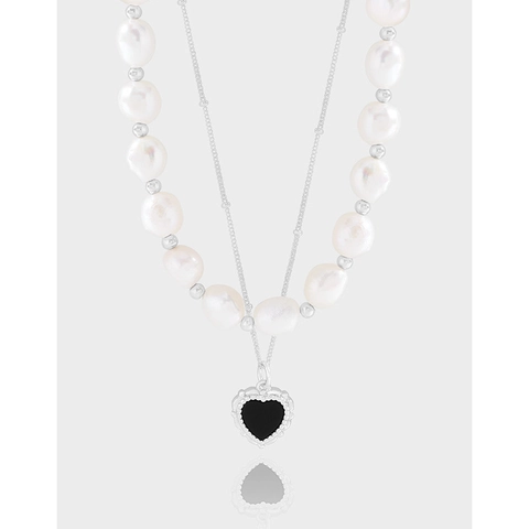 925 Sterlingsilber Doppelschichtige Halskette Für Damen Vintage Barock Künstliche Perle Schwarzes Herz Anhänger Schlüsselbeinkette Schmuck