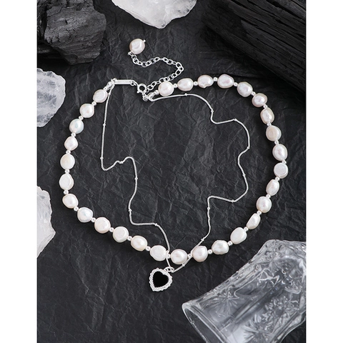 925 Sterlingsilber Doppelschichtige Halskette Für Damen Vintage Barock Künstliche Perle Schwarzes Herz Anhänger Schlüsselbeinkette Schmuck