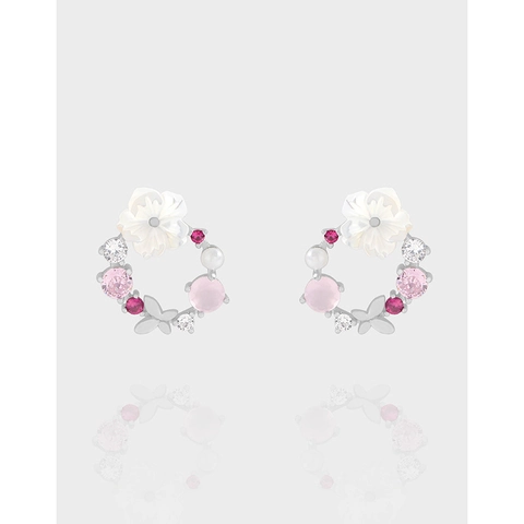 Orecchini a Bottone in Argento Sterling 925 Fiore Zirconia Colorato Conchiglia Naturale Design Ghirlanda Eleganti Donna