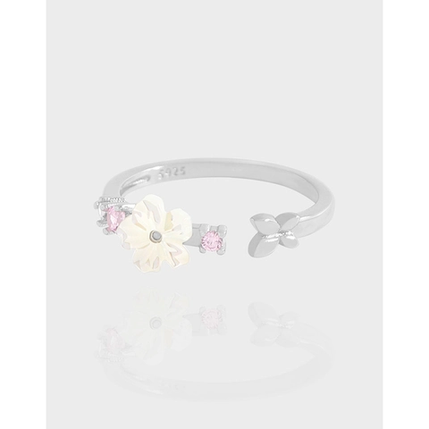 925 Sterling Silver Shell Flower Butterfly Adjustable Open Ring For Women Elegant Rhinestone Inlaid Korean Style Finger Ring Jewelry