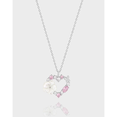 Collana con Pendente a Cuore in Argento Sterling S925 Con Fiore in Perla Artificiale e Strass Gioielli Stile Coreano Donna