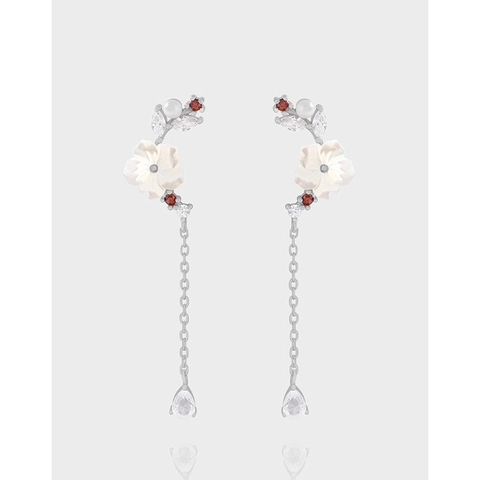 925 Sterling Silver Flower Drop Earrings For Women Elegant White Artificial Pearl Rhinestone Tassel Waterdrop Dangle Jewelry