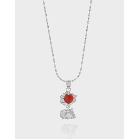 925 Sterling Silver Round Red Agate Pendant Necklace For Women Pleated Texture Artificial Pearl Clavicle Chain Jewelry