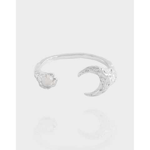 925 Sterling Silver Moon Agate Adjustable Ring Korean Niche Original Design Pleated Texture Vintage Jewelry Finger Ring Gift
