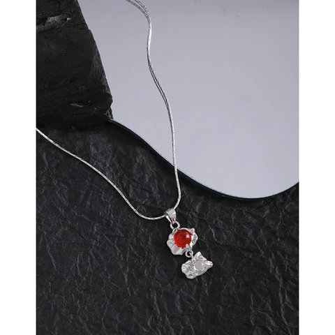 925 Sterling Silver Round Red Agate Pendant Necklace For Women Pleated Texture Artificial Pearl Clavicle Chain Jewelry