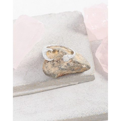 925 Sterling Silver Moon Agate Adjustable Ring Korean Niche Original Design Pleated Texture Vintage Jewelry Finger Ring Gift