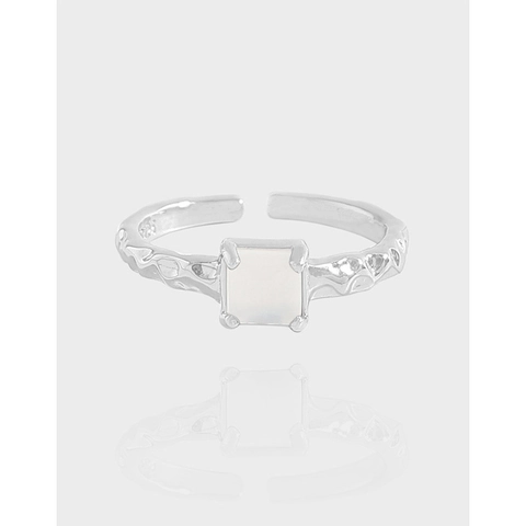 925 Sterling Silver Square Agate Ring For Women Hammered Texture Minimalist Adjustable Open Design Niche Fashion Finger Ring