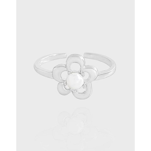 S925 Sterling Silver Hollow Flower Artificial Pearl Open Ring For Women Korean Style Minimalist Adjustable Finger Ring