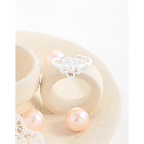 S925 Sterling Silver Hollow Flower Artificial Pearl Open Ring For Women Korean Style Minimalist Adjustable Finger Ring