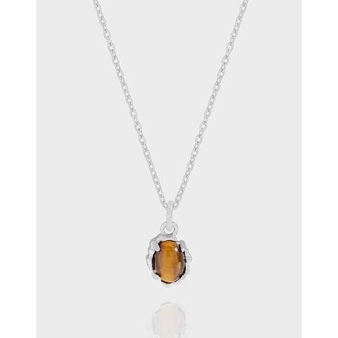 S925 Sterling Silver Tiger Eye Pendant Necklace For Women Korean Design Geometric Oval Clavicle Chain Jewelry Anniversary Gift