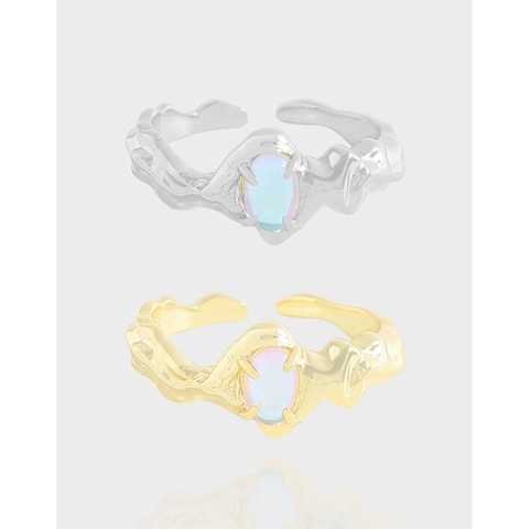 S925 Sterling Silver Irregular Geometric Moonstone Open Ring For Women Minimalist Design Liquid Metal Style Adjustable Ring Jewelry