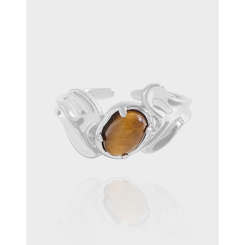 Anillo Abierto de Plata de Ley 925 con Ojo de Tigre para Mujer Diseño Minimalista Irregular Geométrico Ajustable