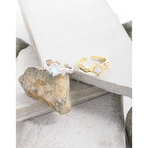 S925 Sterling Silver Irregular Geometric Moonstone Open Ring For Women Minimalist Design Liquid Metal Style Adjustable Ring Jewelry