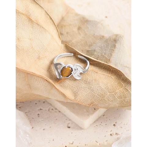 Anillo Abierto de Plata de Ley 925 con Ojo de Tigre para Mujer Diseño Minimalista Irregular Geométrico Ajustable