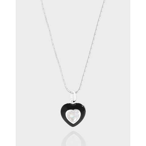 925 Sterlingsilber Herz Anhänger Halskette Schwarze Emaille Zirkonia Schlüsselbeinkette Für Damen Minimalistischer Koreanischer Stil Schmuck Geschenk