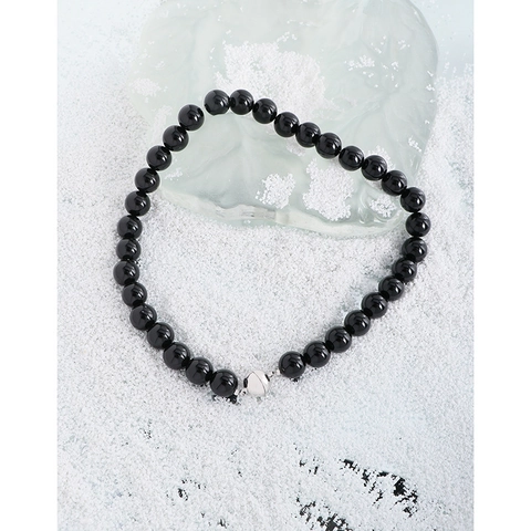 Collana a Sfera Rotonda in Agata Nera in Argento Sterling S925 per Donna Minimalista Stile INS Chiusura Magnetica Catena Clavicola